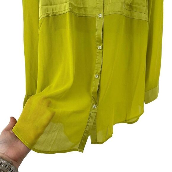 Davi Dani Lime Green Top Long Sleeve Satin Button Up Size 1X Semi Sheer Panel - Picture 4 of 8